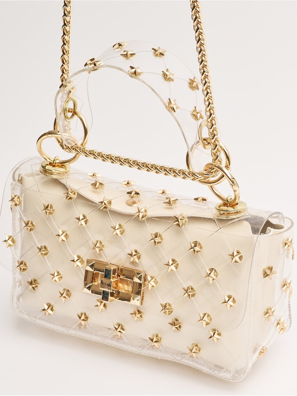 Clear PVC Shoulder Bag with Gold Star Studs - Cream